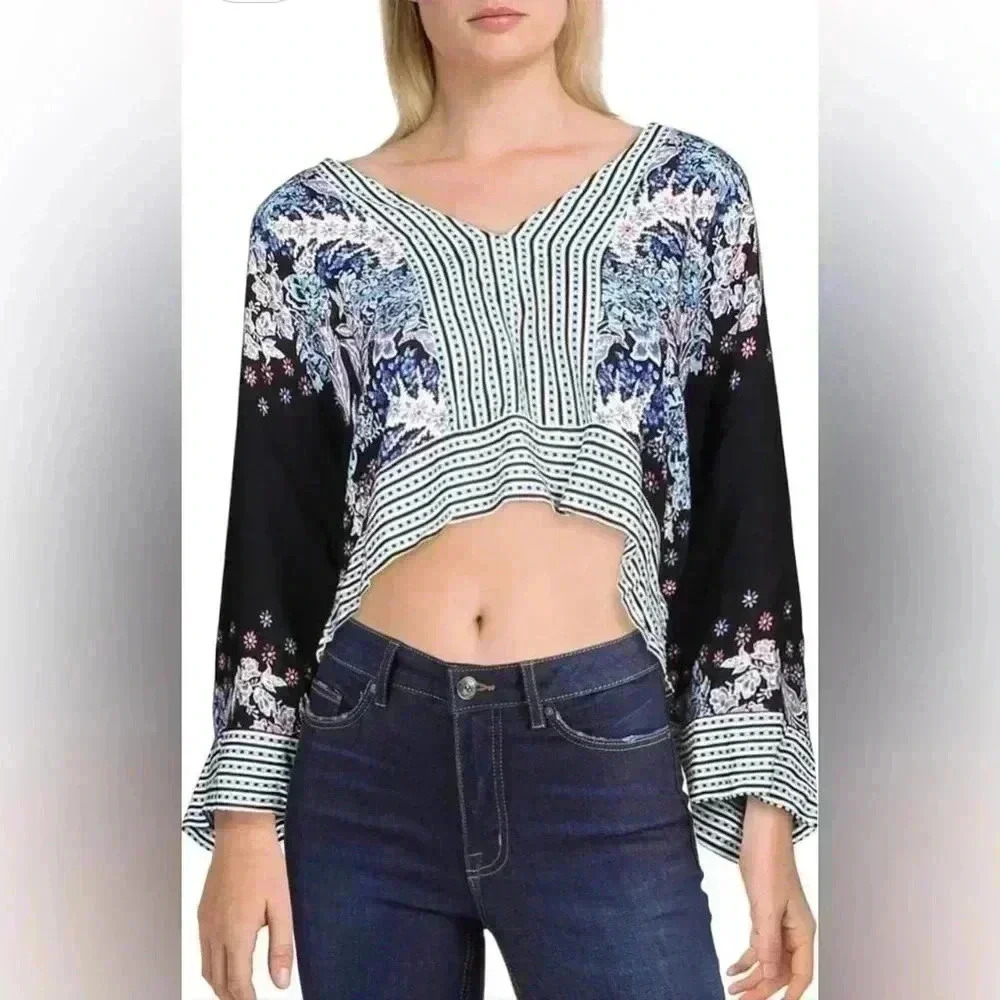 Free People Mix N’ Match V-Neck Boho Floral Oversized Kimono Top Size Small